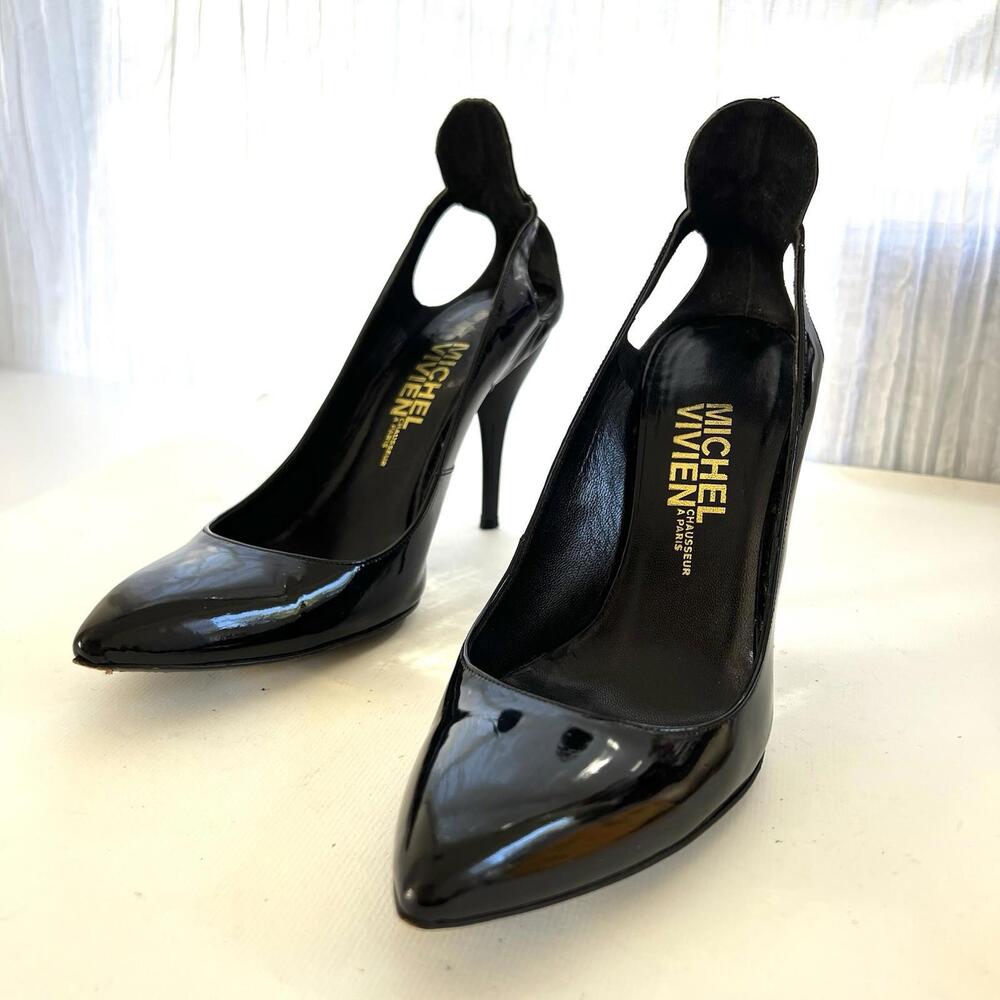 RARE Michel Vivien Paris Black Patent Leather Stiletto Heels Ankle Tab 36.5 6